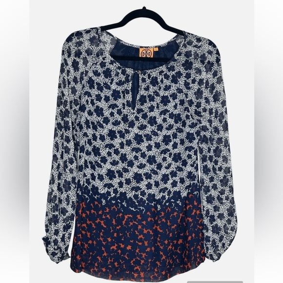 Tory Burch Tops - Tory Burch Silk Blouse Floral Print Keyhole Womens Size 2 |O310